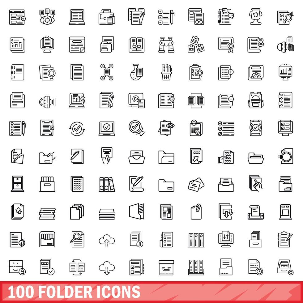 100 folder icons set, outline style vector