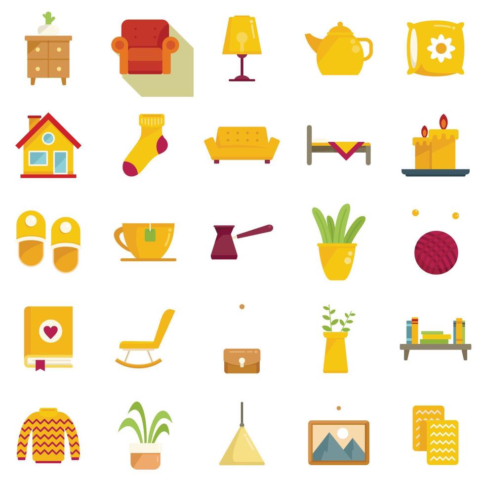 Cozy home icons set flat vector. Stay care vector