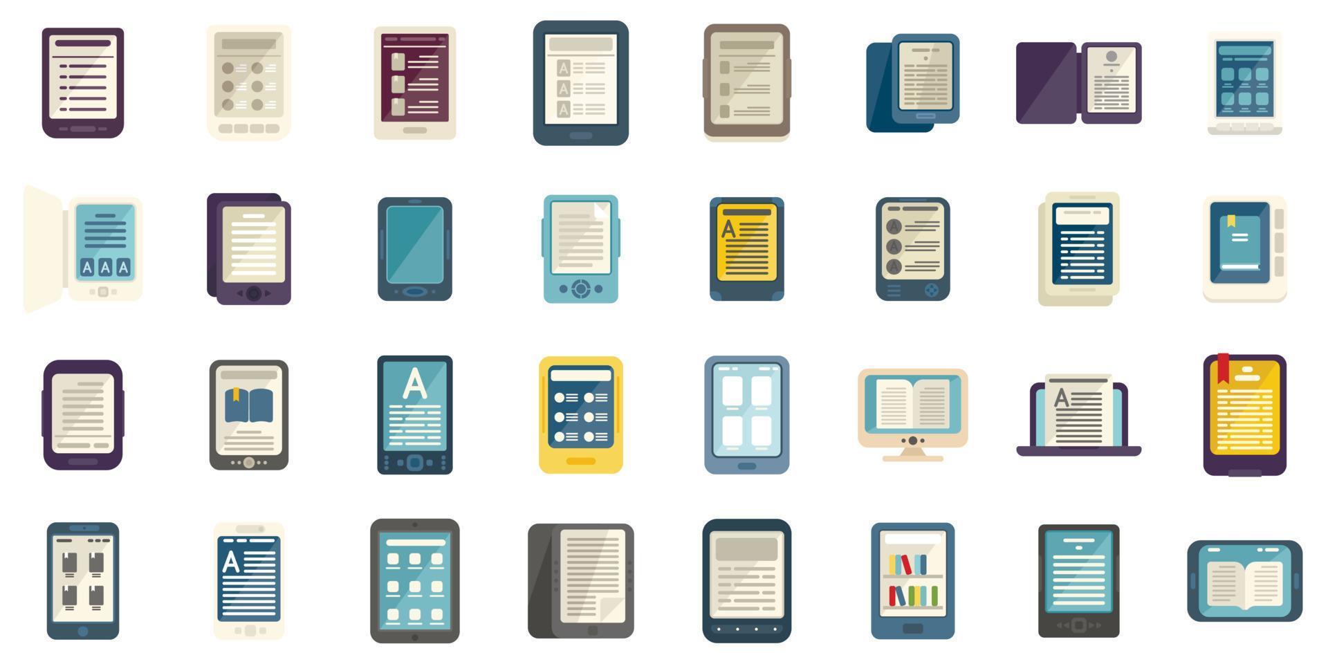 E-book application icons set flat vector. Book reader vector