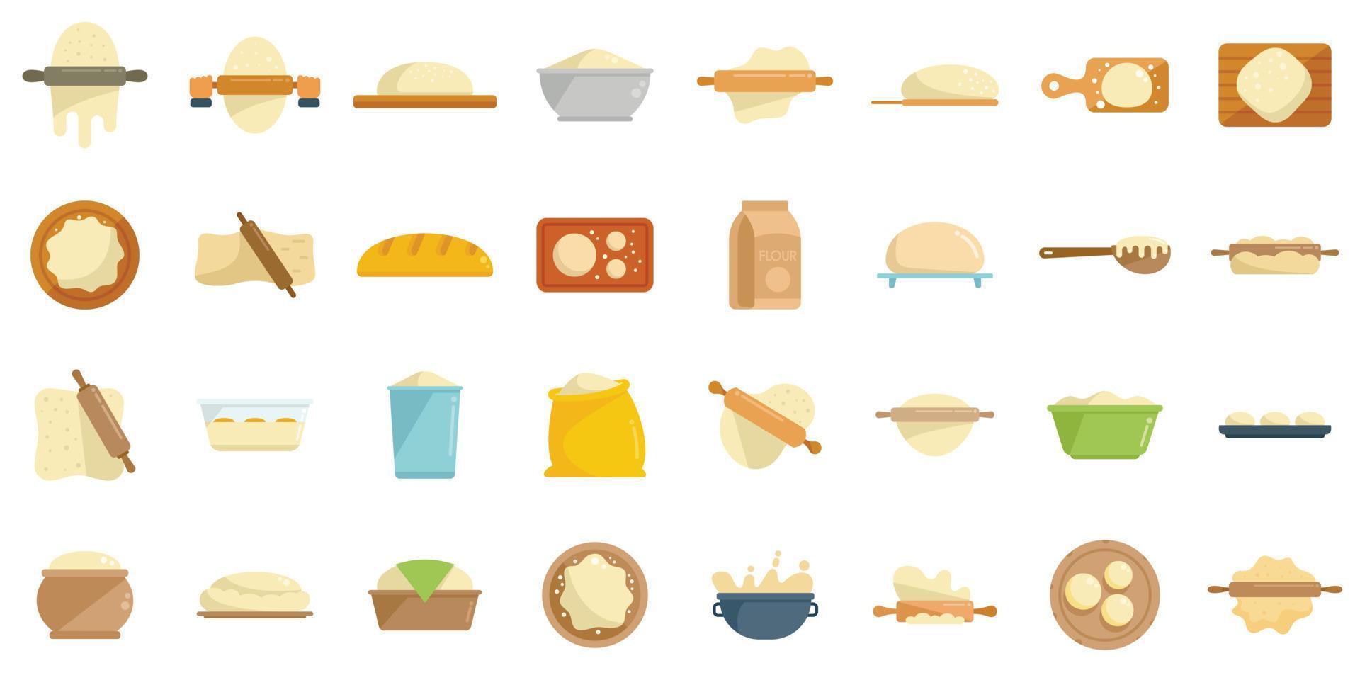 los iconos de masa establecen un vector plano. hornear pizza