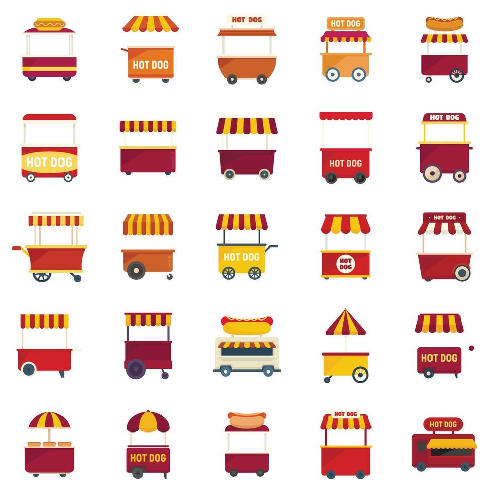 los iconos del carrito de hot dog establecen un vector plano. comida de negocios