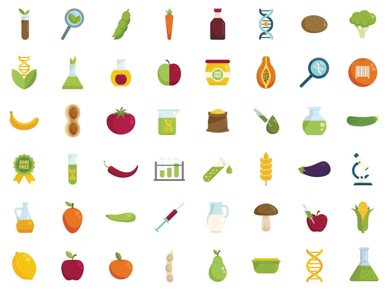 Gmo food icons set flat vector. Antibiotic corn vector