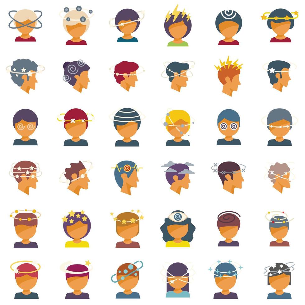 Dizziness icons set flat vector. Brain headache vector