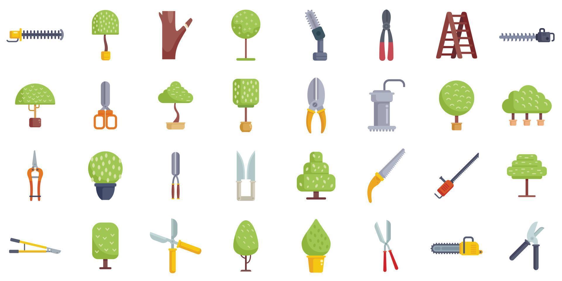 Tree trimming icons set flat vector. Chainsaw tree vector