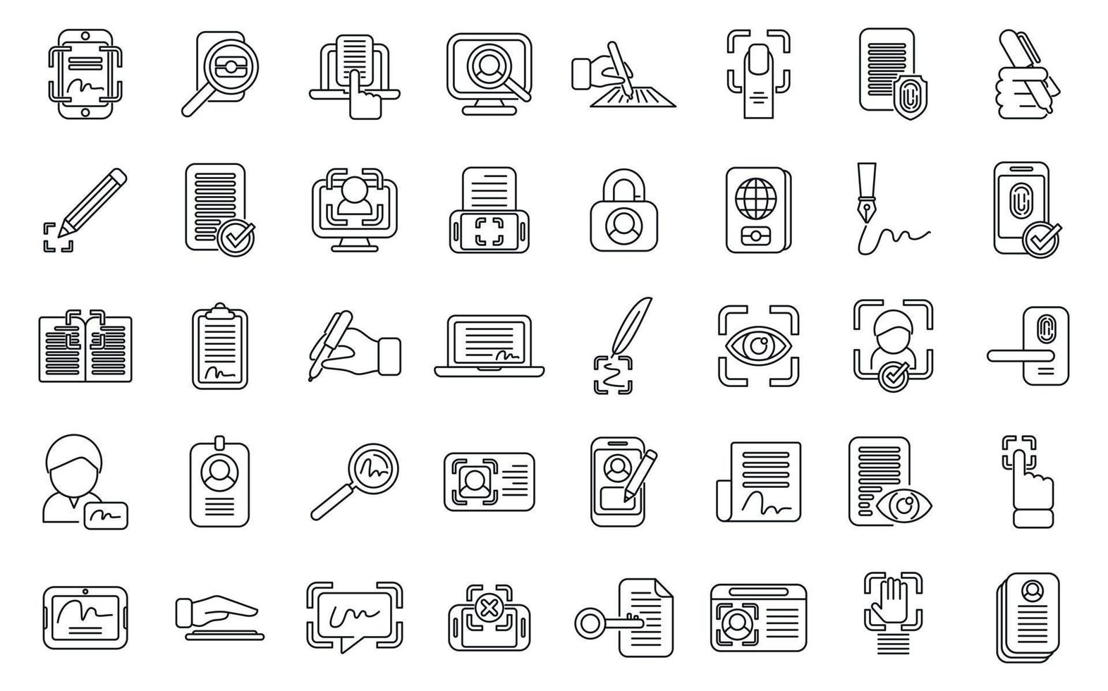 conjunto de iconos de identificación de escritura a mano vector de contorno. acceder aprobar