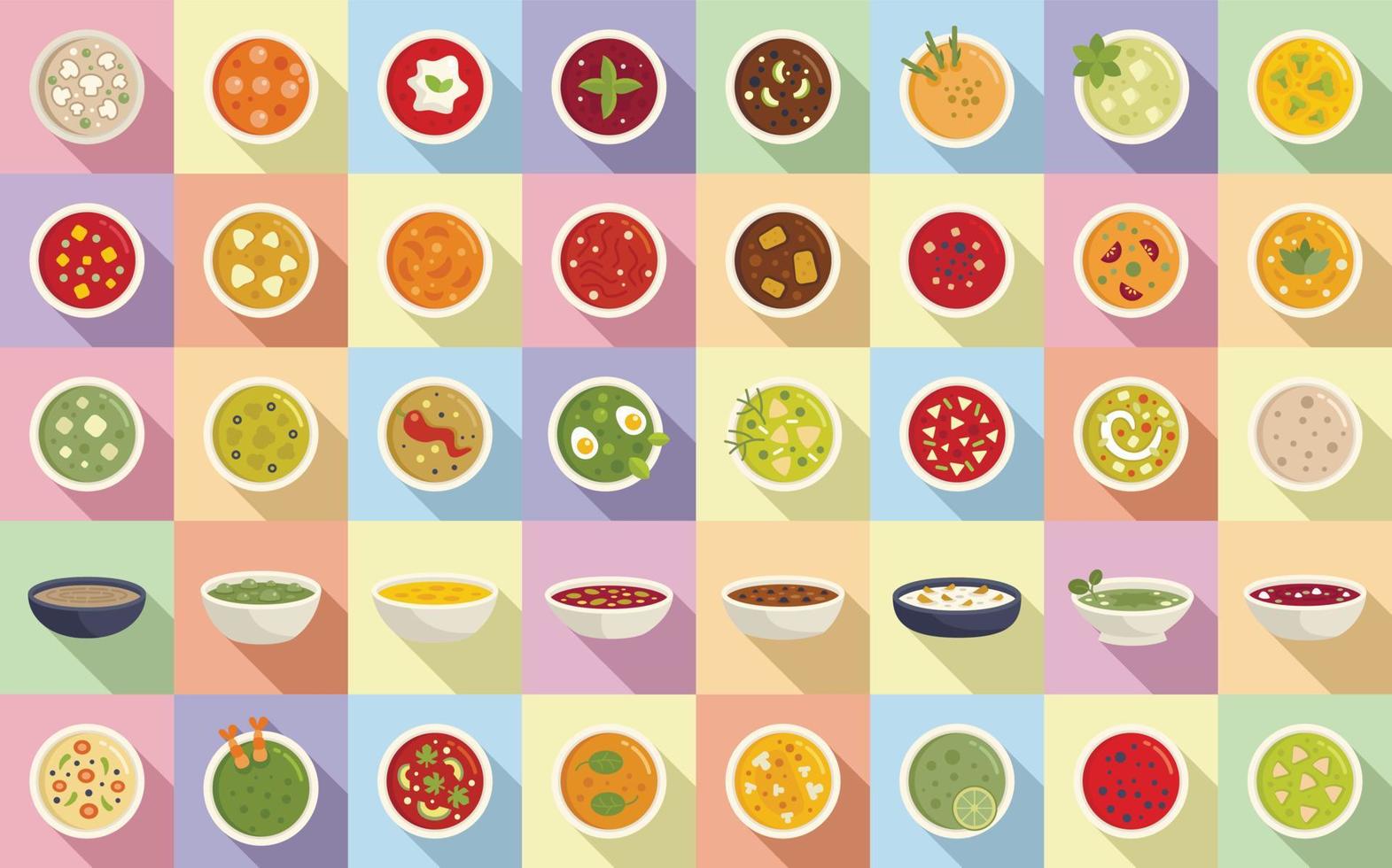 Cream soup icons set flat vector. Meal soup vector