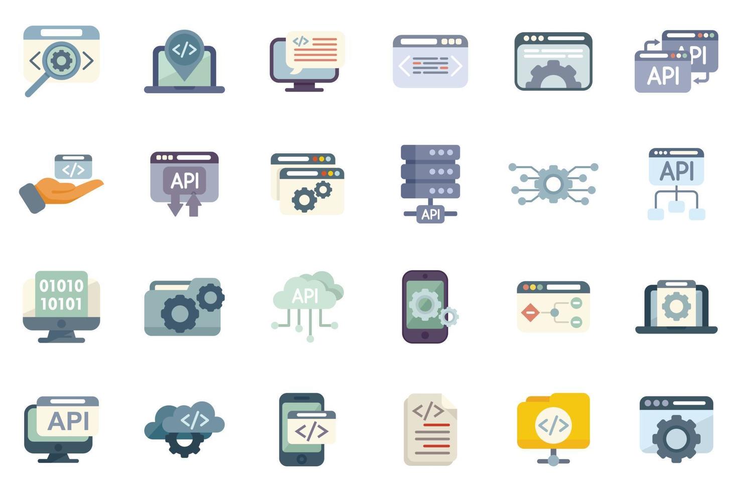 API icons set flat vector. Code develop vector