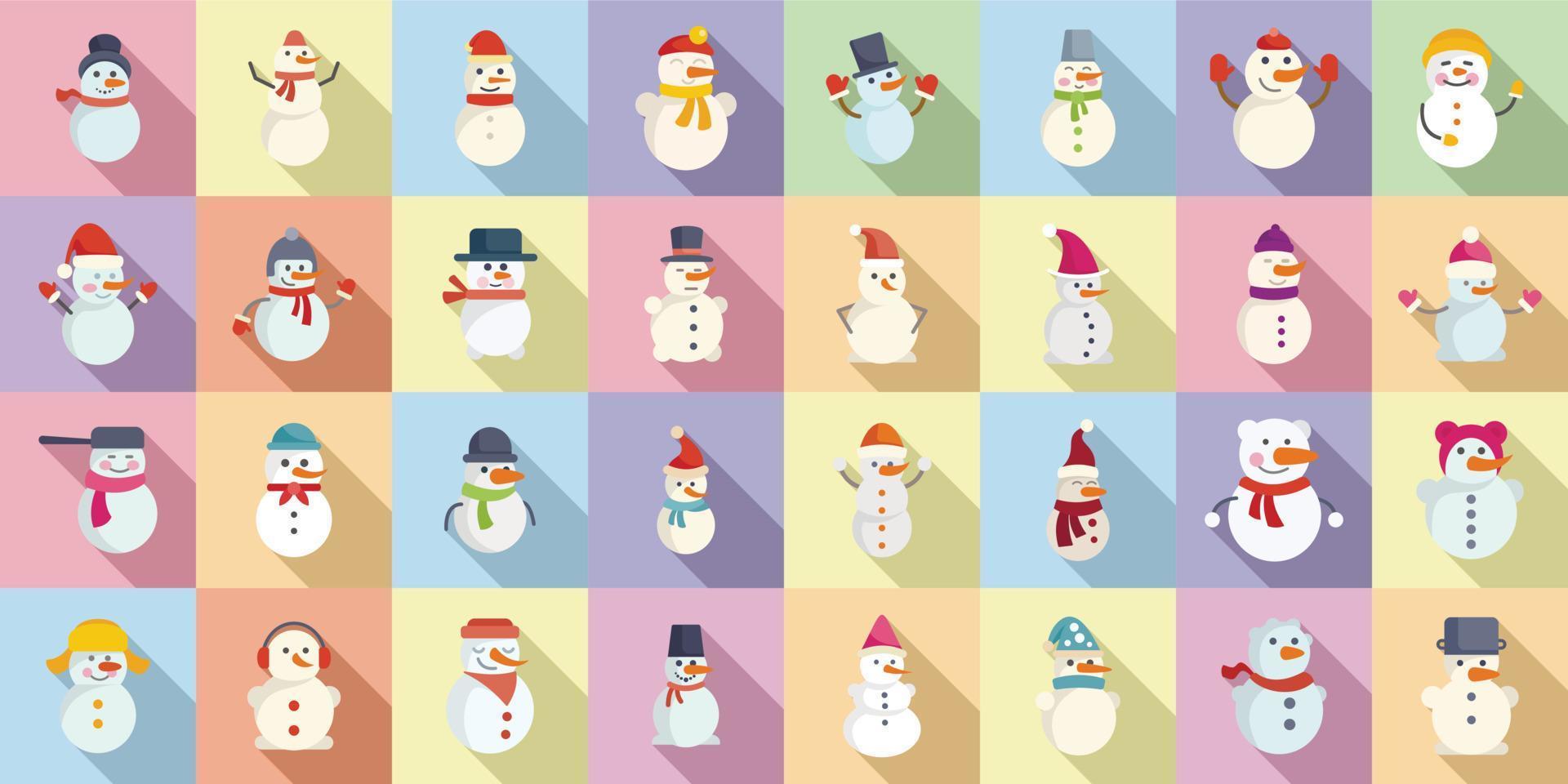 iconos de muñeco de nieve establecer vector plano. hielo de navidad