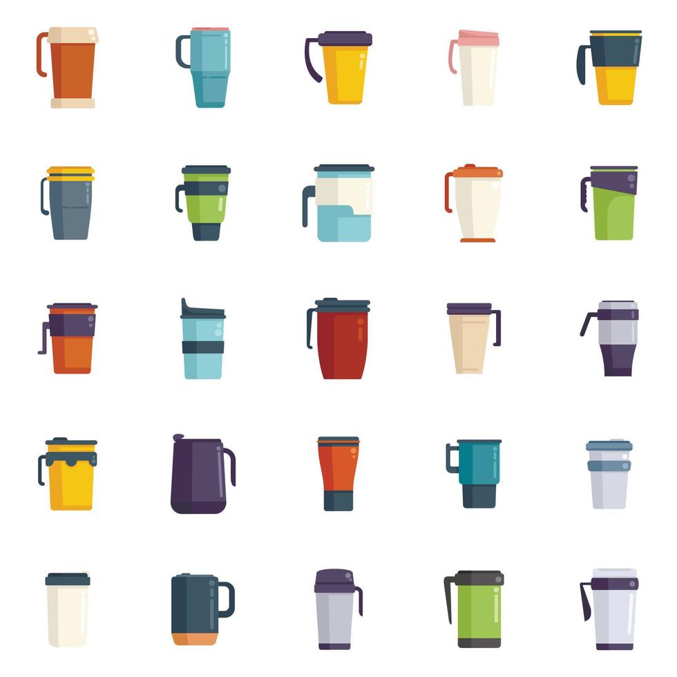 los iconos de la taza termo establecen un vector plano. taza de café