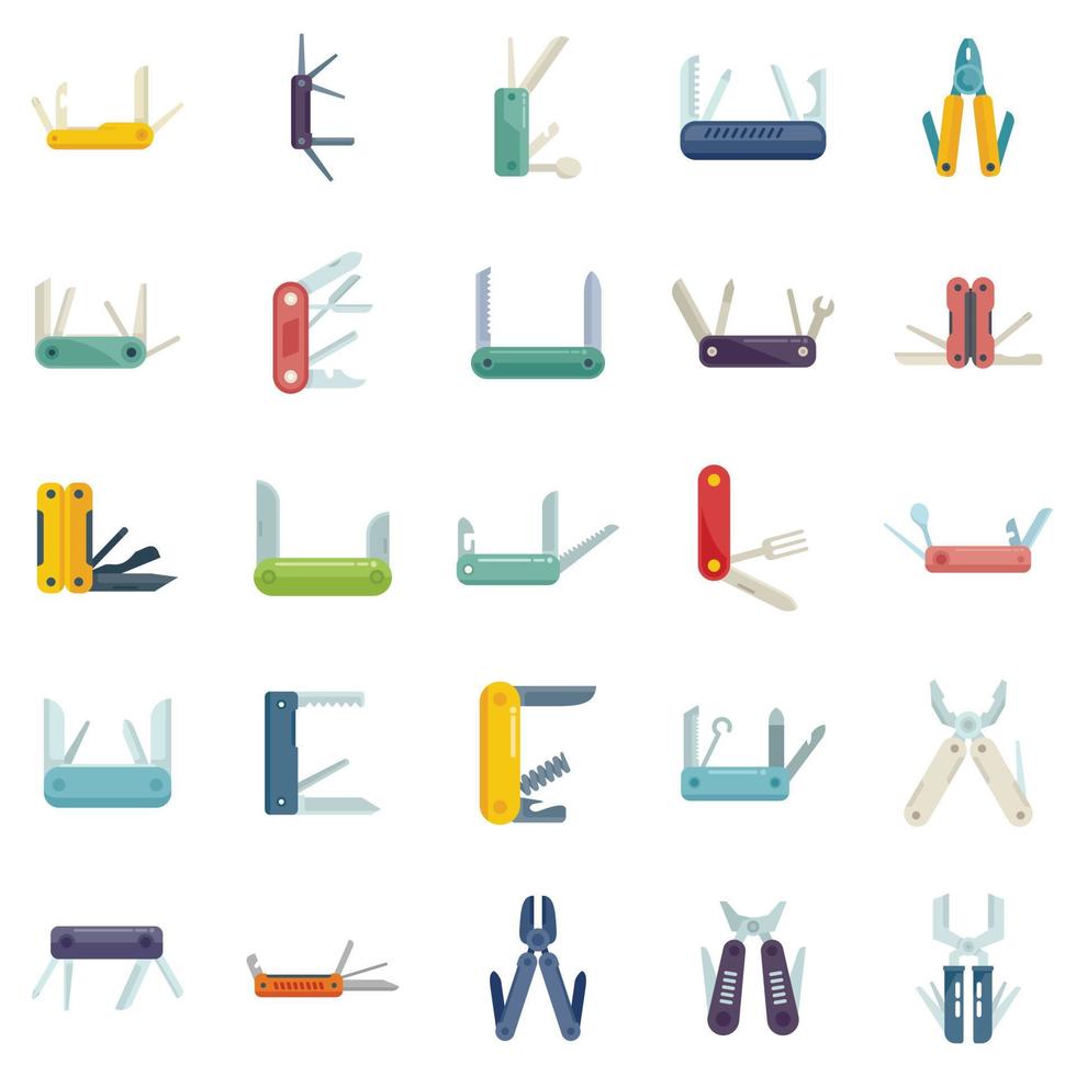 Multitool icons set flat vector. Multifunctional knife vector