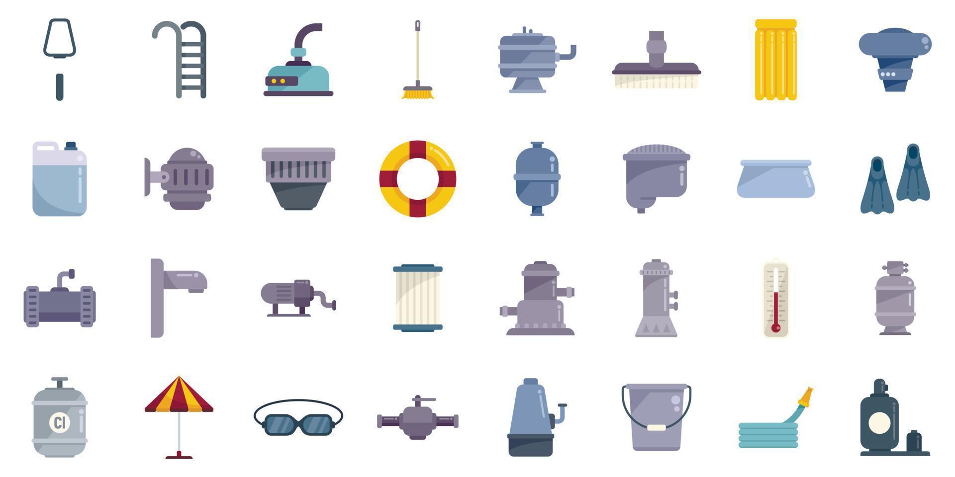 Equipment for pool icons set flat vector. Clean skimmer vector