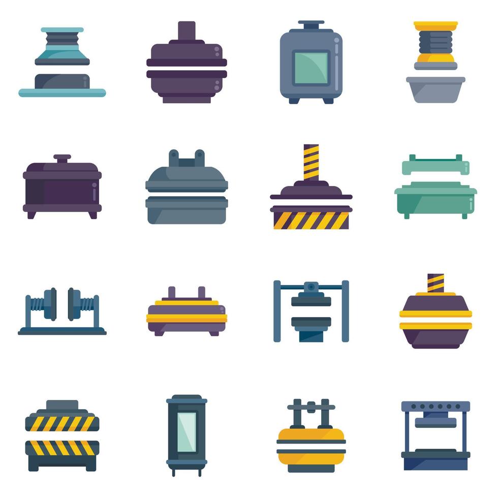 Press form machines icons set flat vector. Formation manufacturing vector