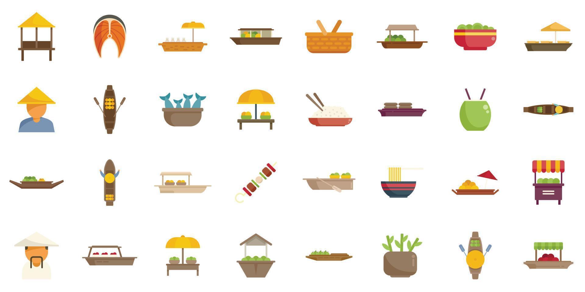 Floating market icons set flat vector. Asian basket vector