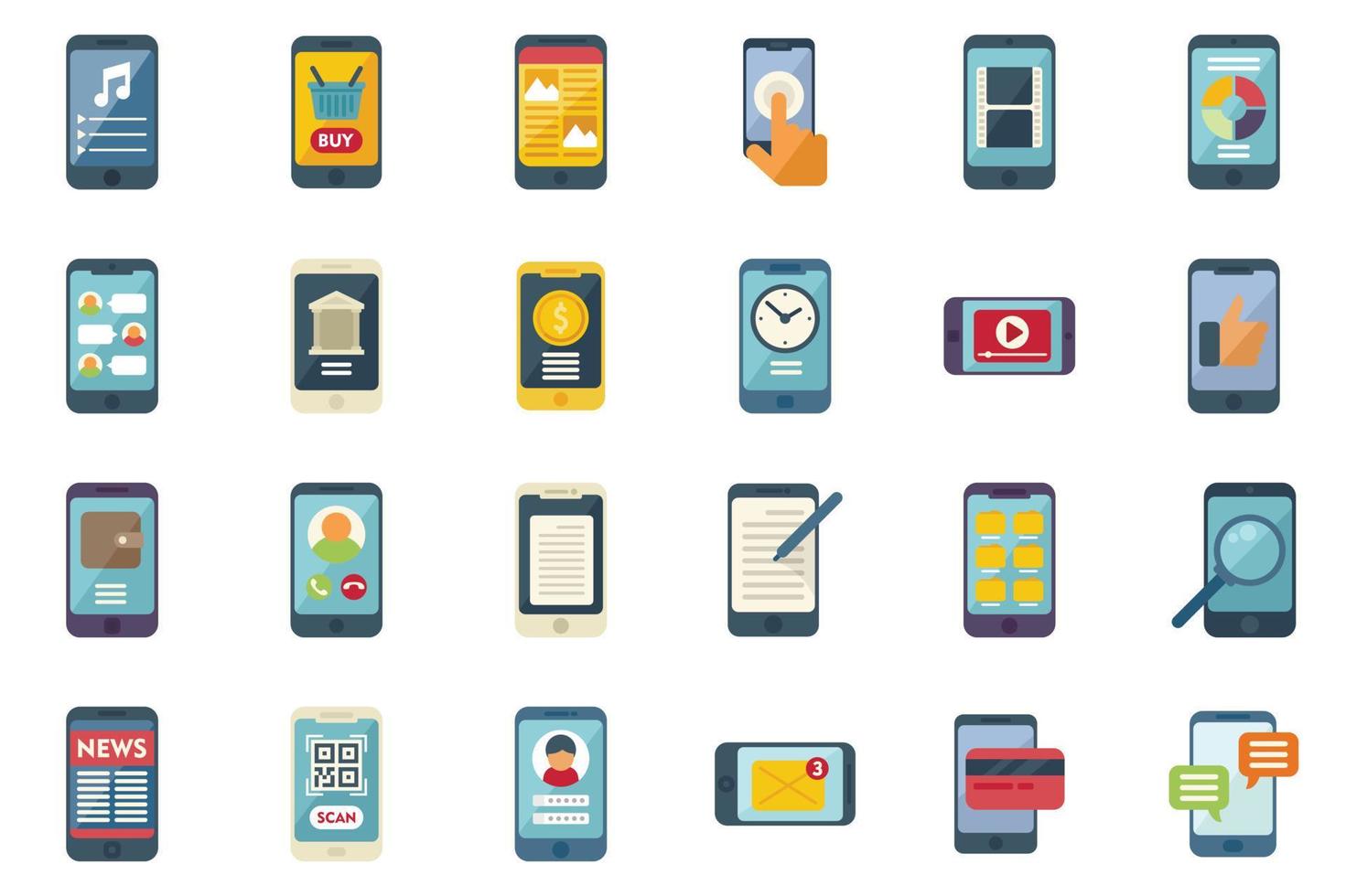 Using smartphone icons set flat vector. App addiction vector