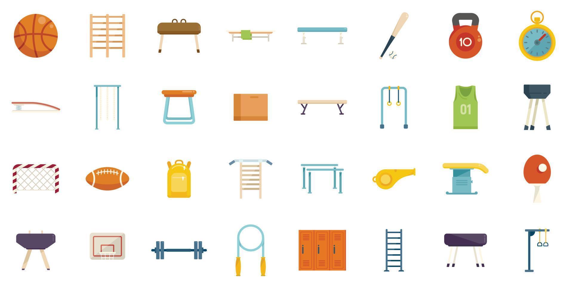 School gym icons set flat vector. Club equipment vector