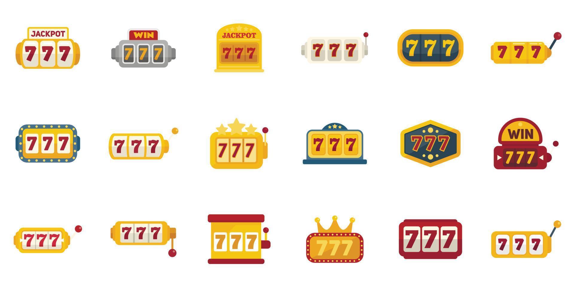 Lucky 7 iconos conjunto vector plano. tragamonedas de casino