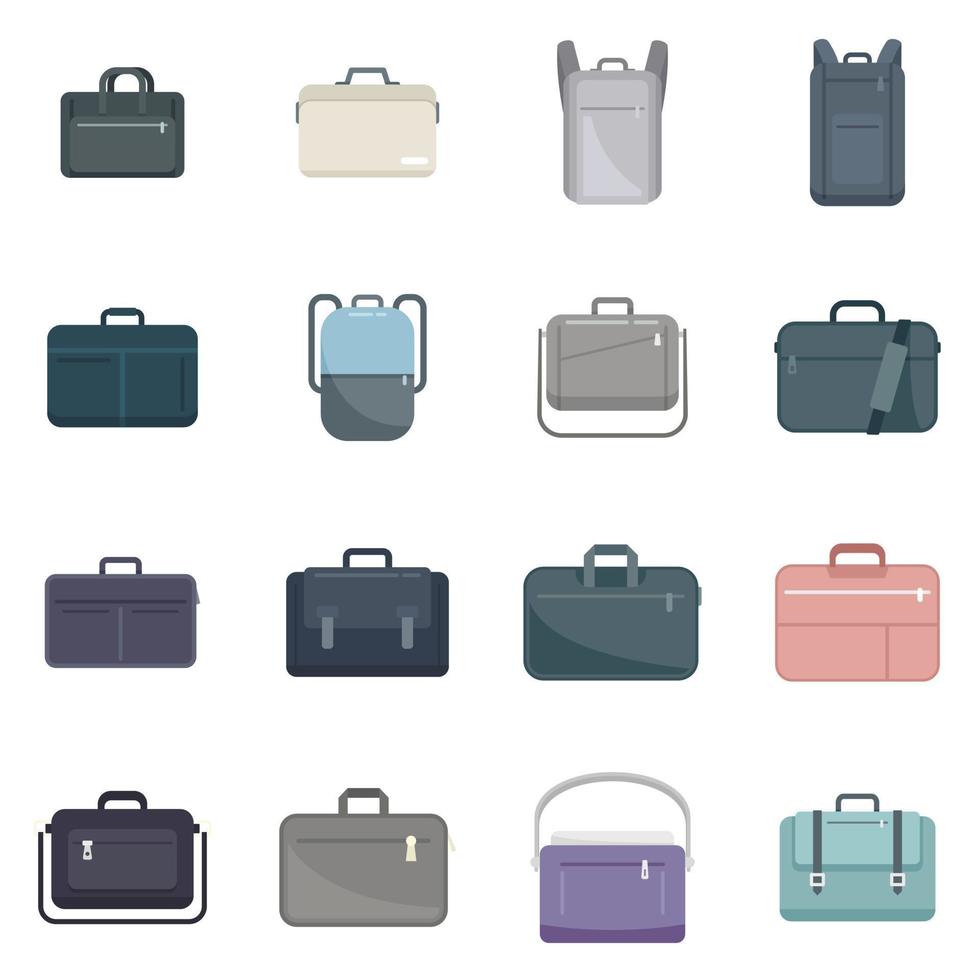 Laptop bag icons set flat vector. Computer case vector