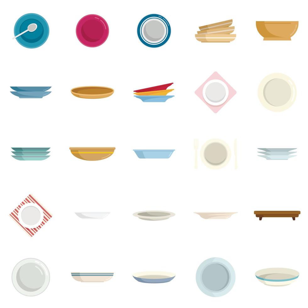 Plate icons set flat vector. Food cutlery vector