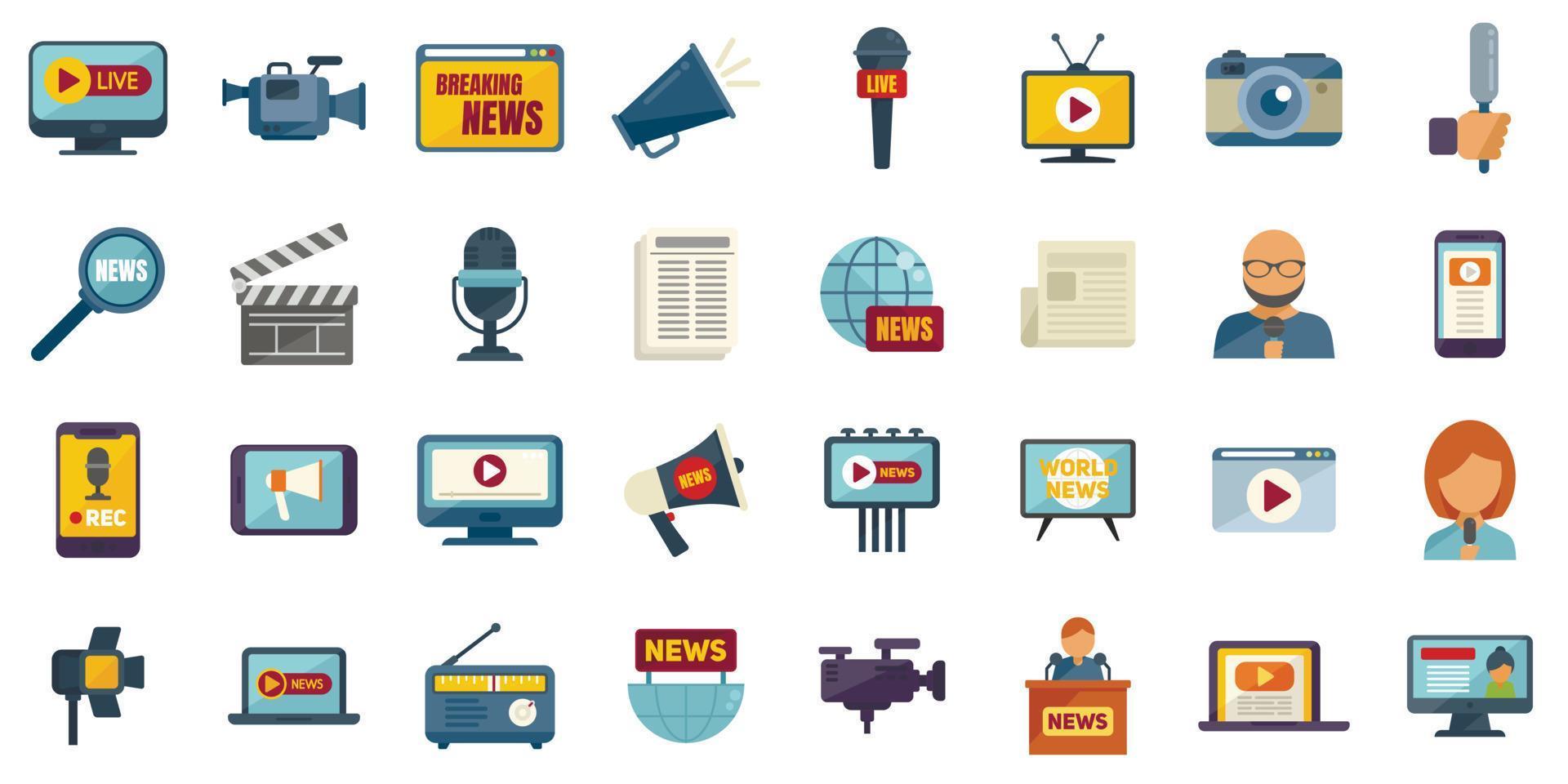 Reportage icons set flat vector. Interview news vector