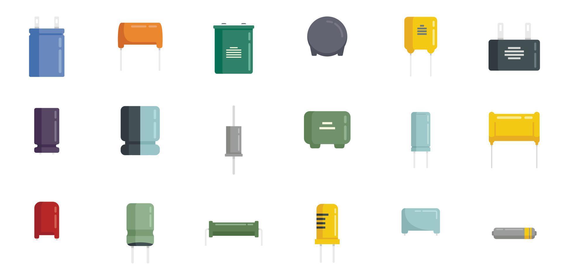 Capacitor icons set flat vector. Polyester ceramic capacitor vector