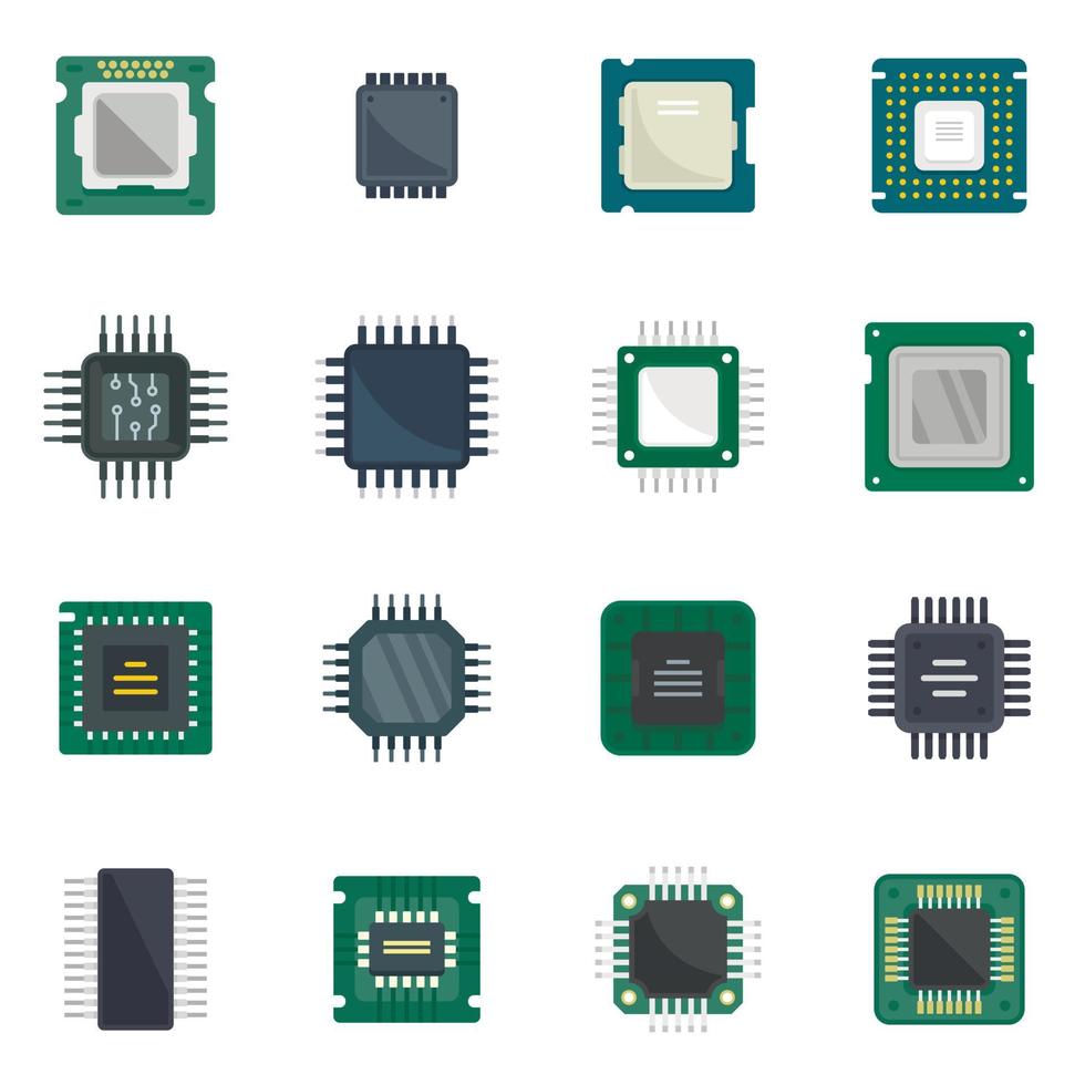 Processor icons set flat vector. Central computer card vector