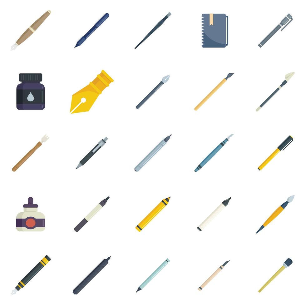 Calligraphy tools icons set flat vector. Paint nib vector