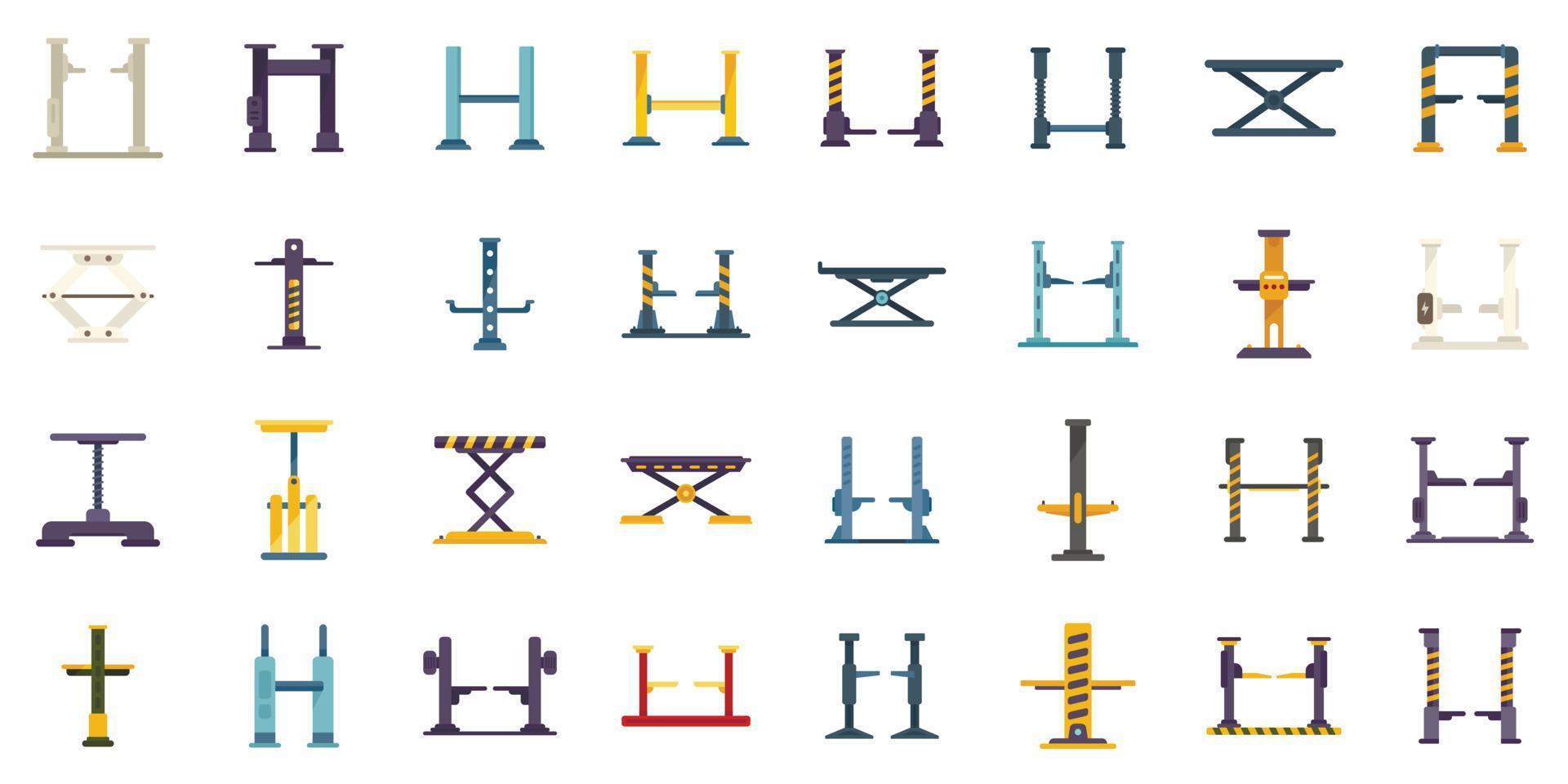 Car lift icons set flat vector. Auto garage vector