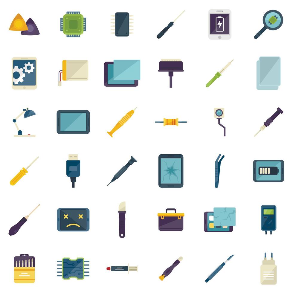 Tablet repair icons set flat vector. Break head vector