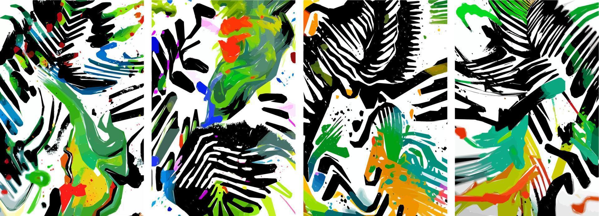 conjunto de fondo de naturaleza abstracta dibujado a mano. vector colorido acuarela tinta doodle hojas tropicales flores, salpicaduras y formas, fondo para papel, cubierta, tela, decoración interior.