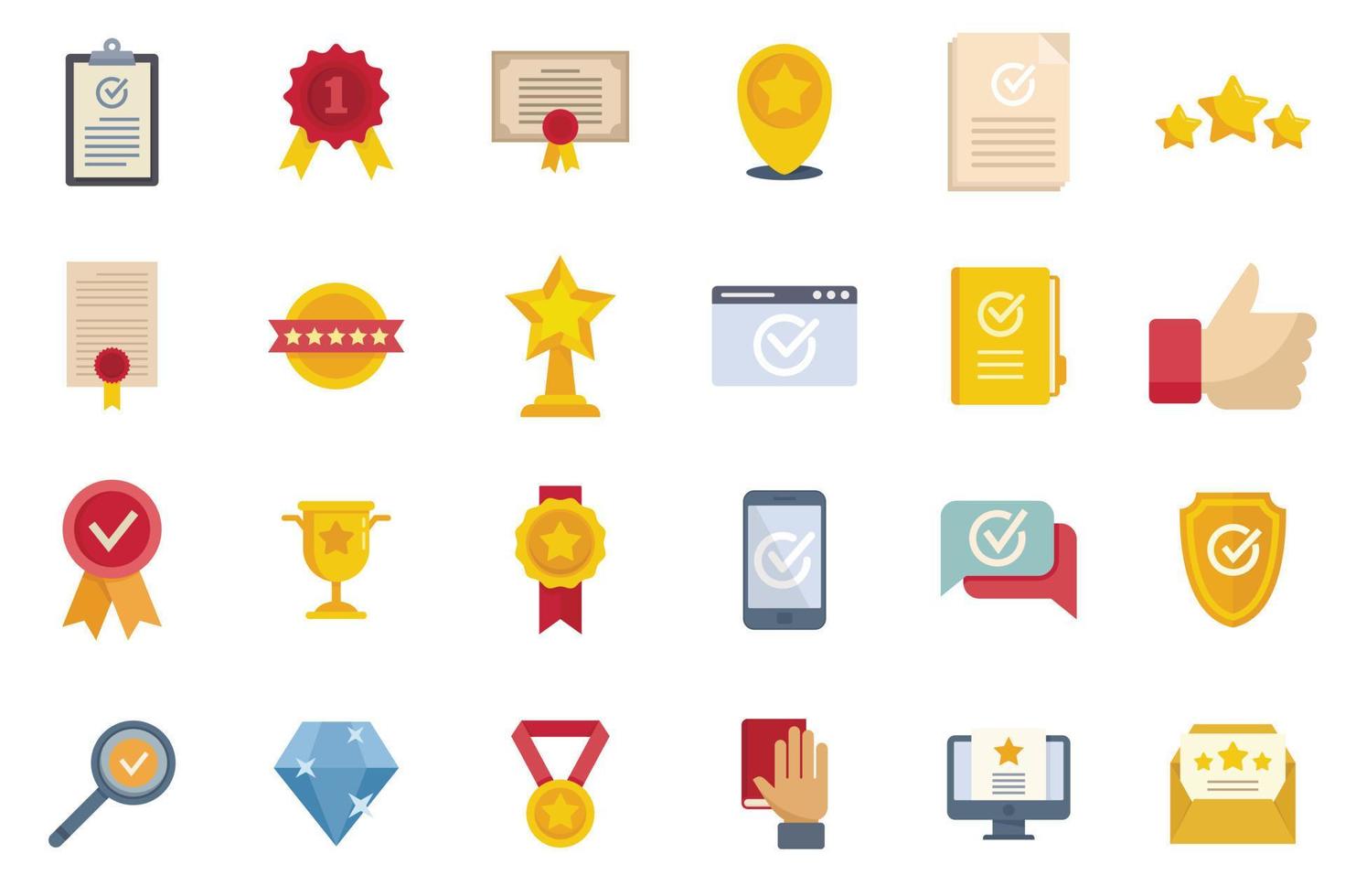 Quality assurance icons set flat vector. Certificate exam vector