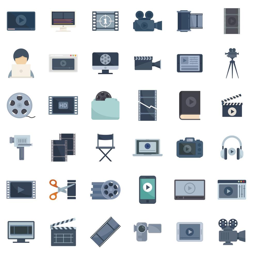 Video editing icons set flat vector. Screen audio player vector