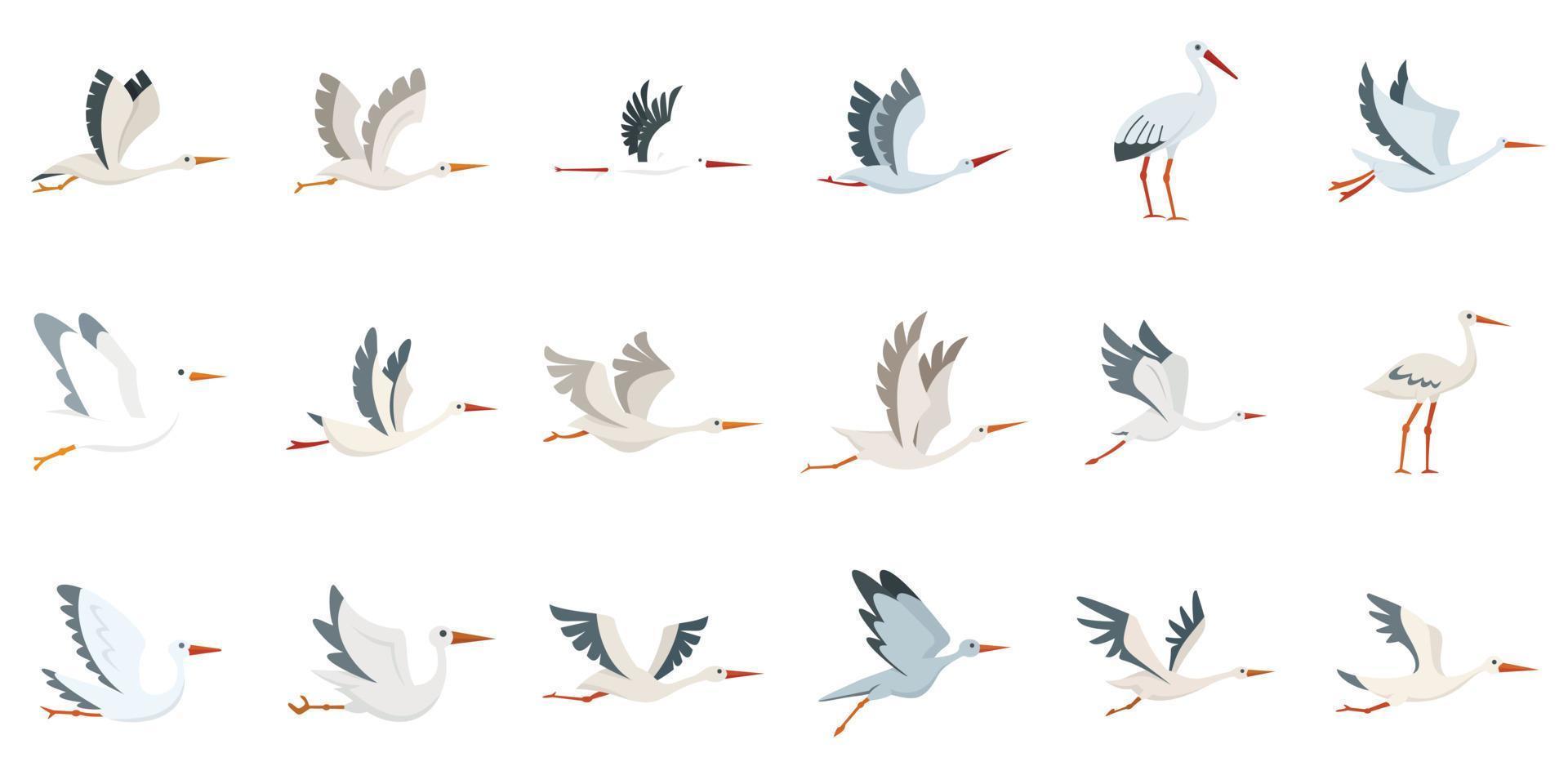 Stork icons set flat vector. Bird fly vector