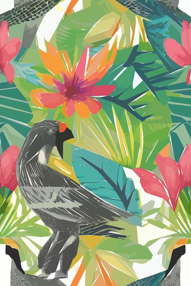 colorida ilustración de pájaro, flores, hojas. vector para papeles
