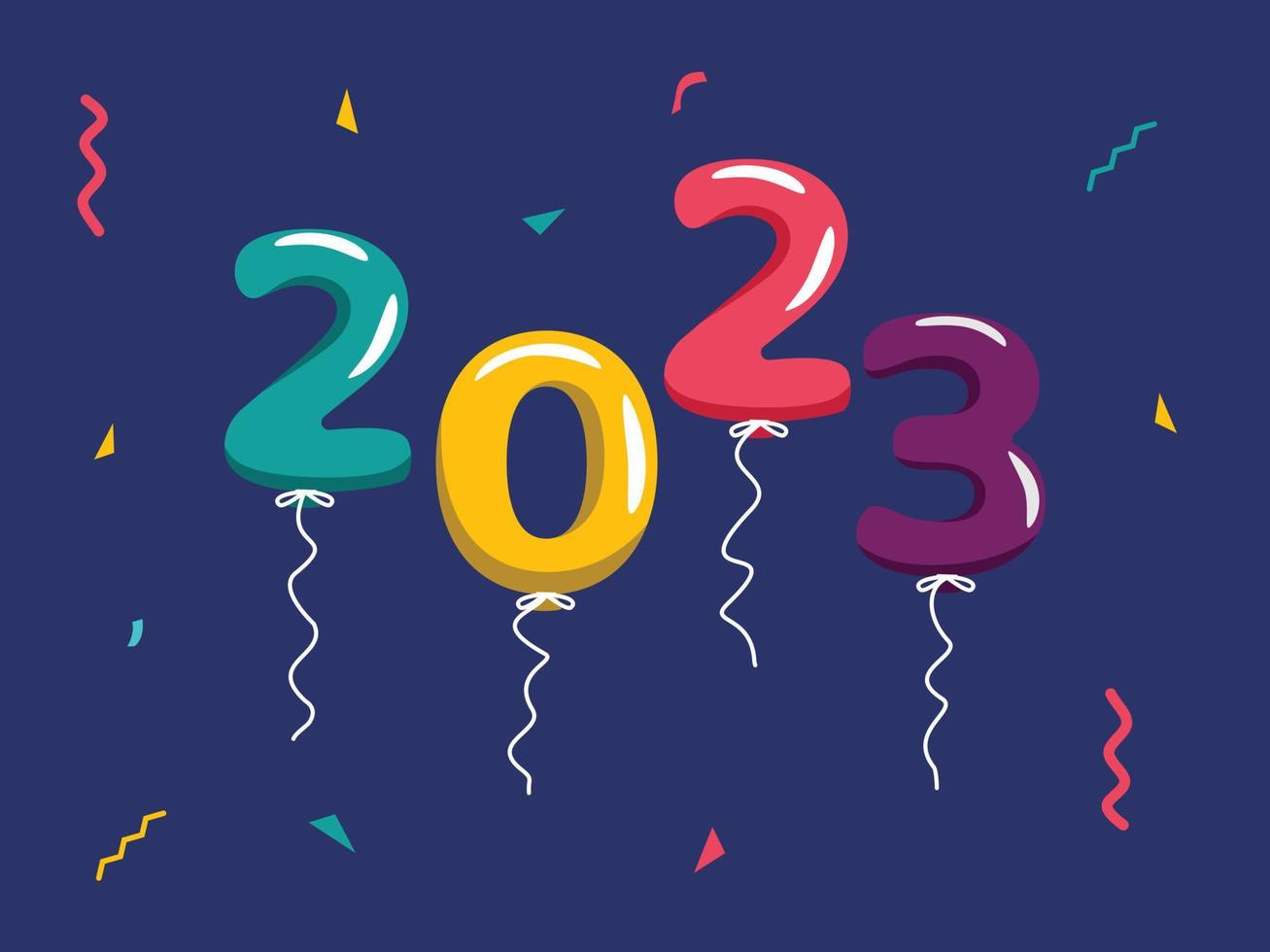 Flat Design, Balloons 2023 Happy New Year vector illustration background.