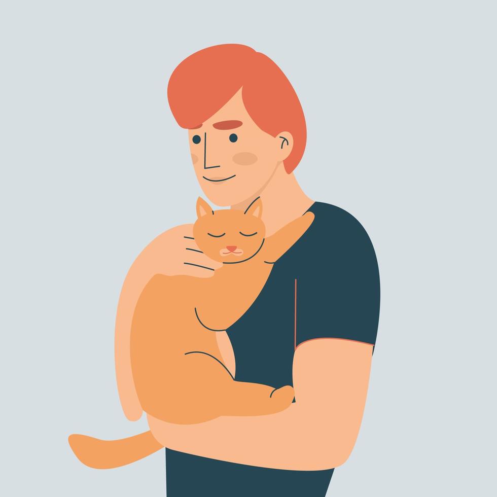 Happy pet owners concept illustration. Man holding a cat in his hands. Red cat. Colorful stock vector illustration in flat style. Eps 10