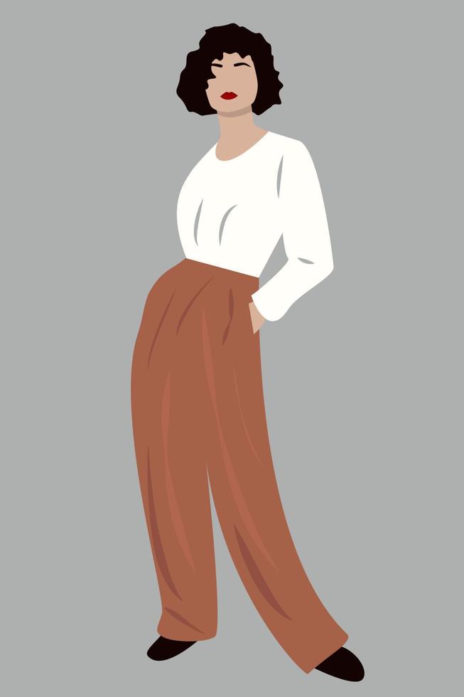 la joven empresaria moderna está de pie. chica con ropa informal hace un gesto de saludo. ilustración de dibujos animados de vector plano aislado sobre fondo gris. arte contemporáneo. ilustración mínima, eps 10