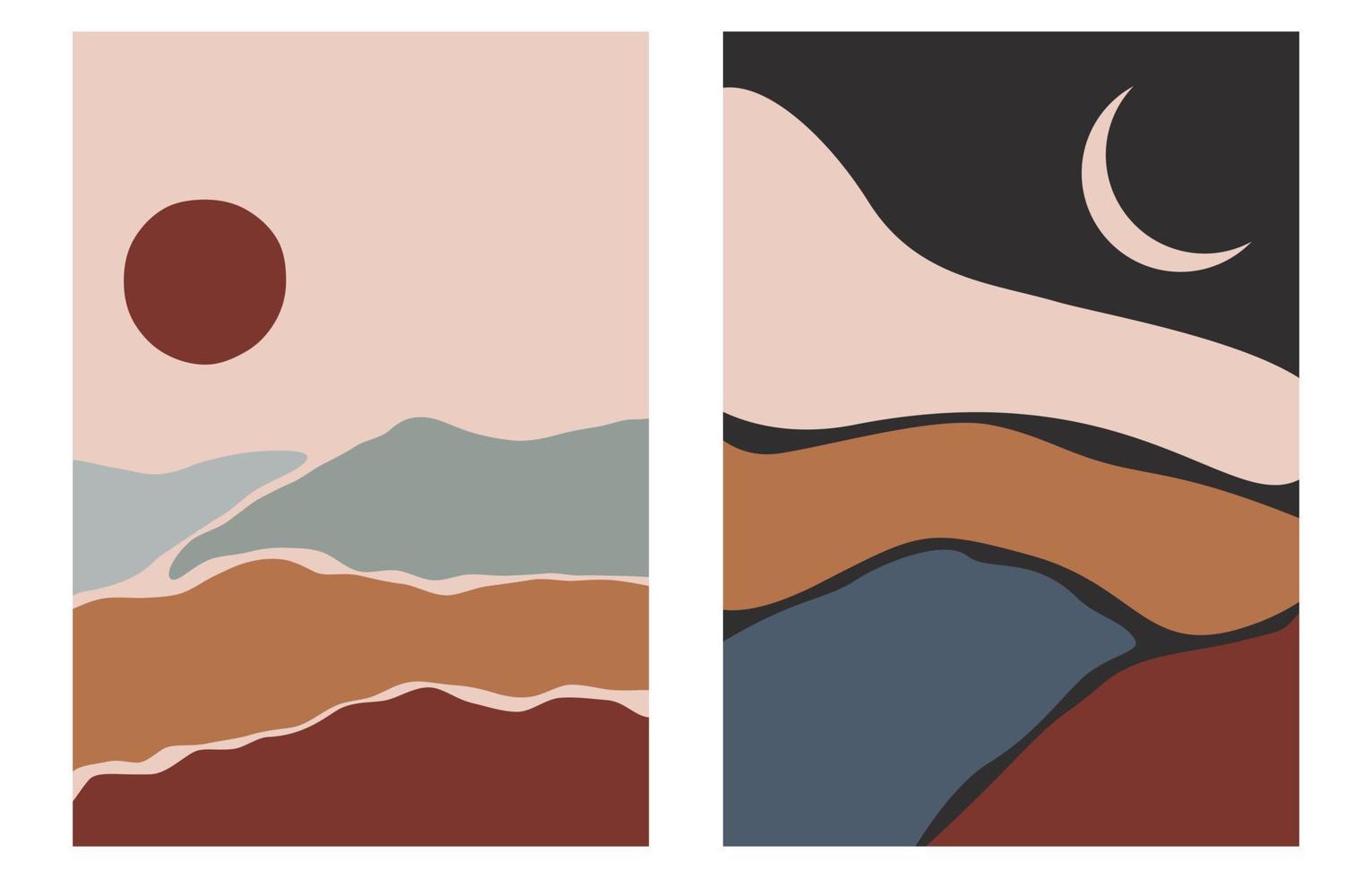 conjunto de paisajes minimalistas de moda. colección de carteles boho montañas, puesta de sol, luna. escenas de paisaje impresión de arte de mediados de siglo. diseño para medios sociales, fondos de pantalla, postales, impresiones. vector