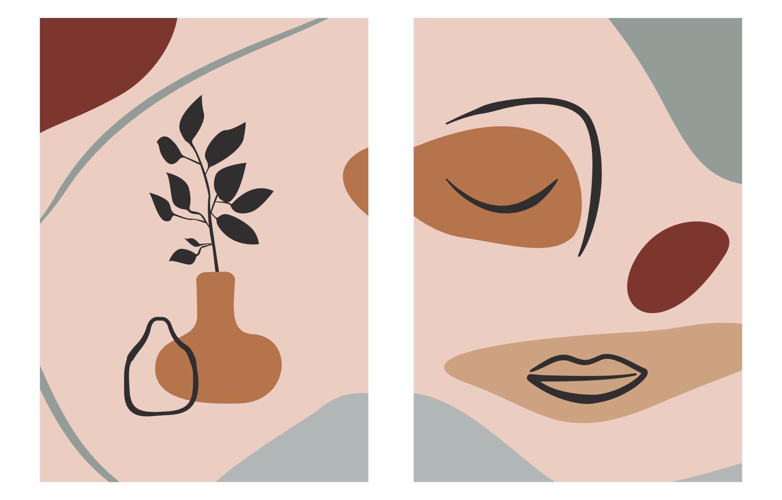 Boho poster collection line face, pots, twig. Set of modern minimalist abstract aesthetic illustrations.  Design for social media, wallpapers, postcards, prints. vector