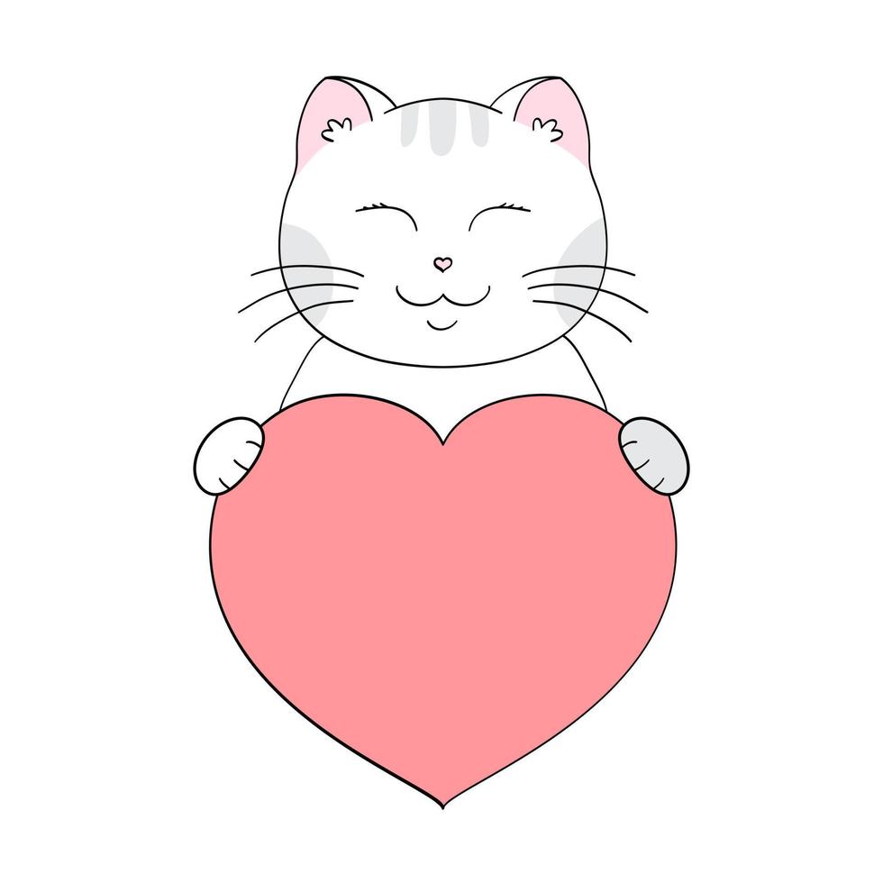 Cute cartoon cat holding a heart in his paws. Valentine's Day greeting card with space for text. Design for invitation, card, flyer, brochure, banner. Little pets in love. A declaration of love vector