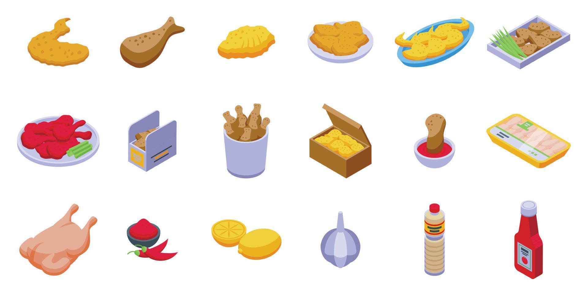 Fried chicken wings icons set isometric vector. Roast spicy vector