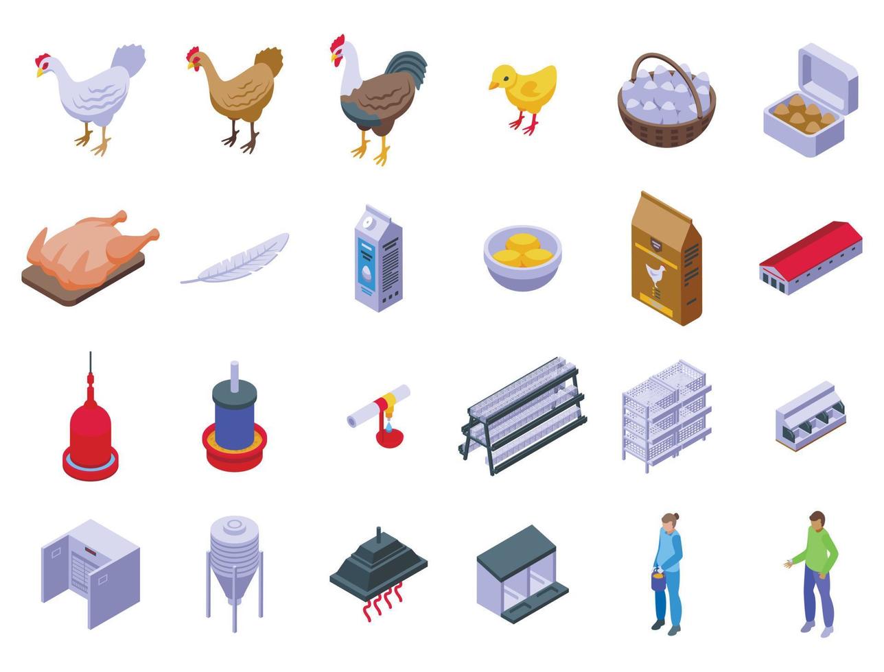 Chicken poultry farm icons set isometric vector. Feed production vector