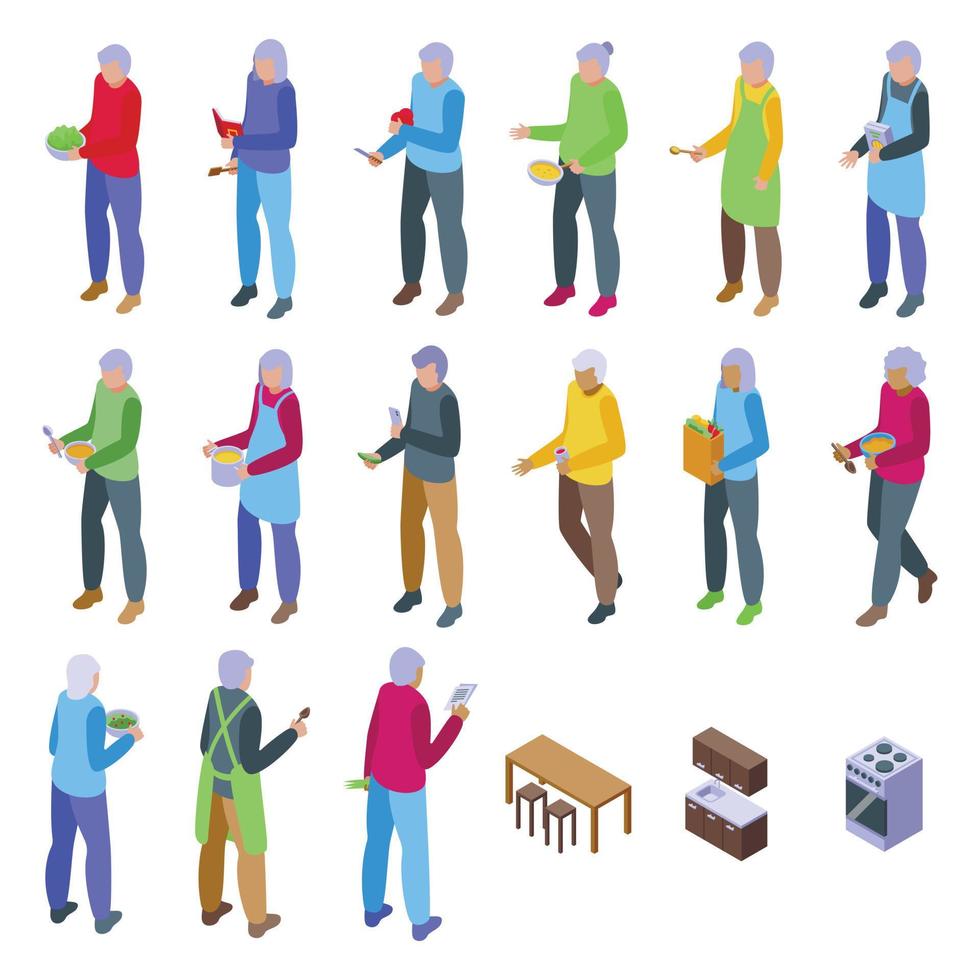 Older people cooking icons set isometric vector. Woman cook vector