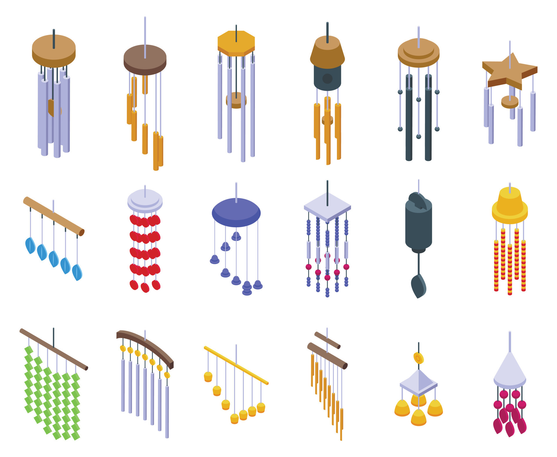 Wind chime icons set isometric vector. Gold decoration 16818701 Vector