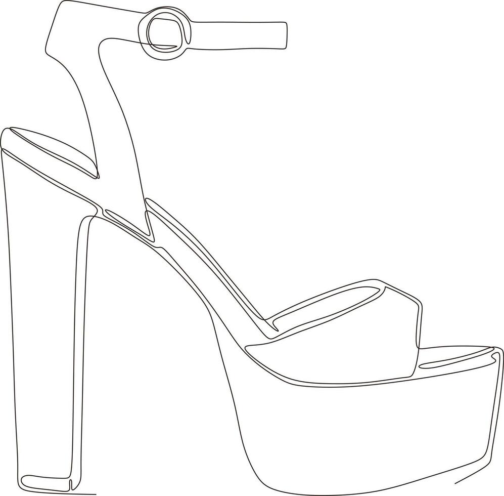 continuous line art drawing of women's sandals with high heels in black and white vector