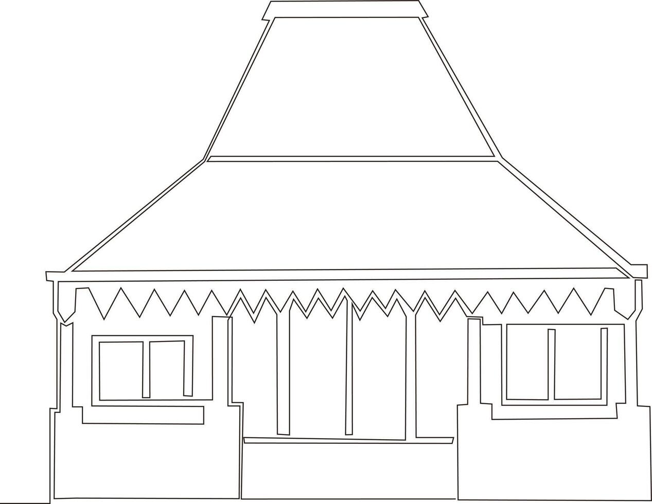 continuous line of black and white Javanese joglo traditional house drawings vector