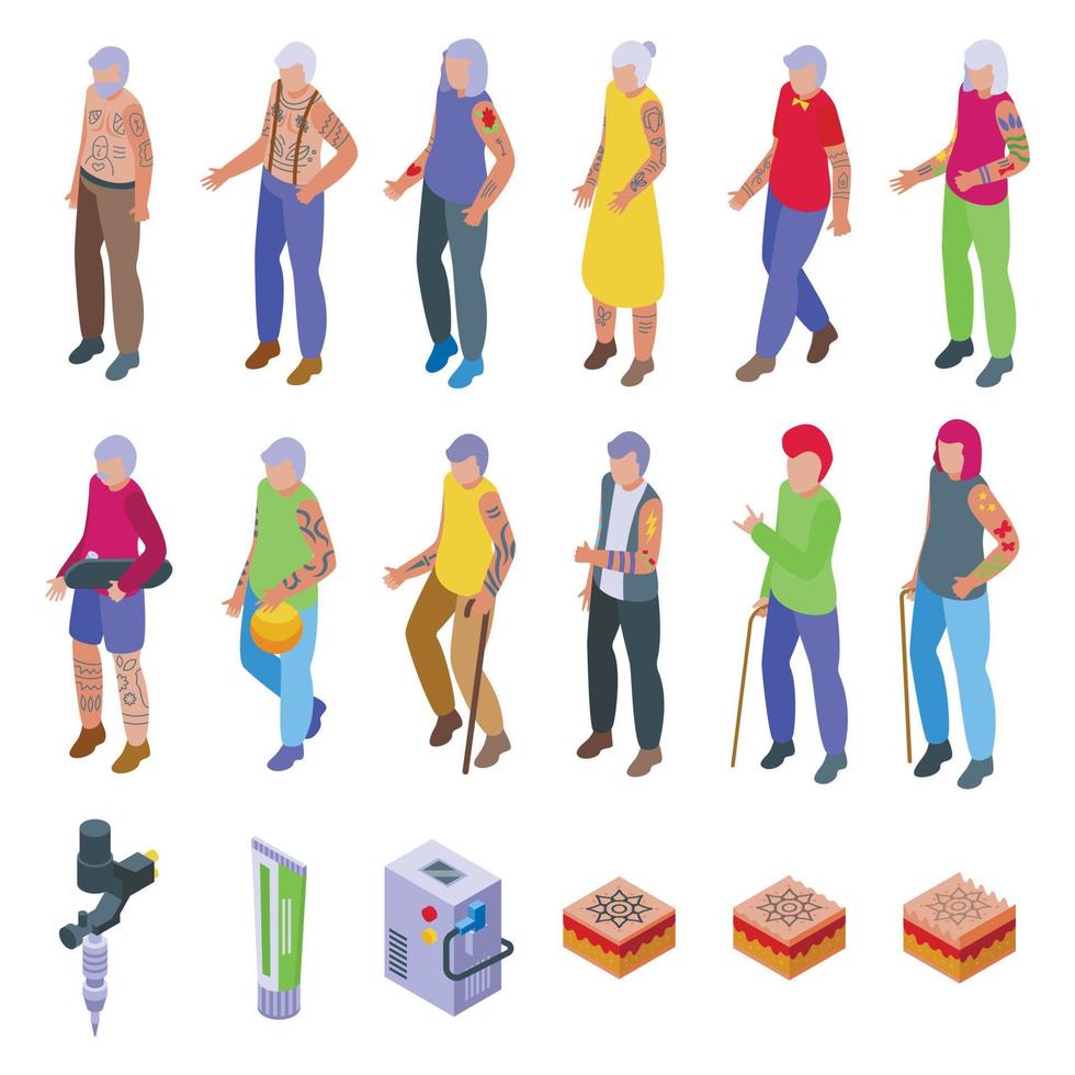 Tattoos in old age icons set isometric vector. Rock granny vector