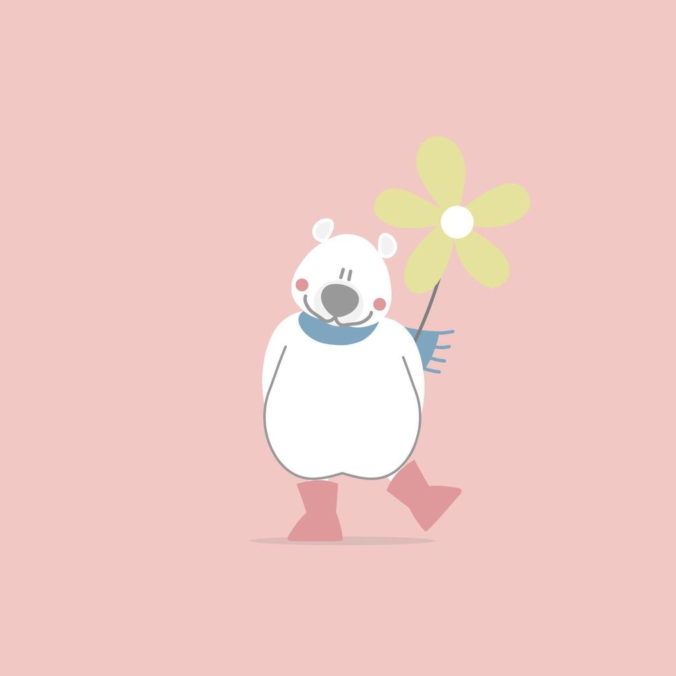 lindo y encantador oso polar blanco dibujado a mano con flor, feliz día de San Valentín, concepto de amor, diseño de vestuario de personaje de dibujos animados de ilustración vectorial plana vector