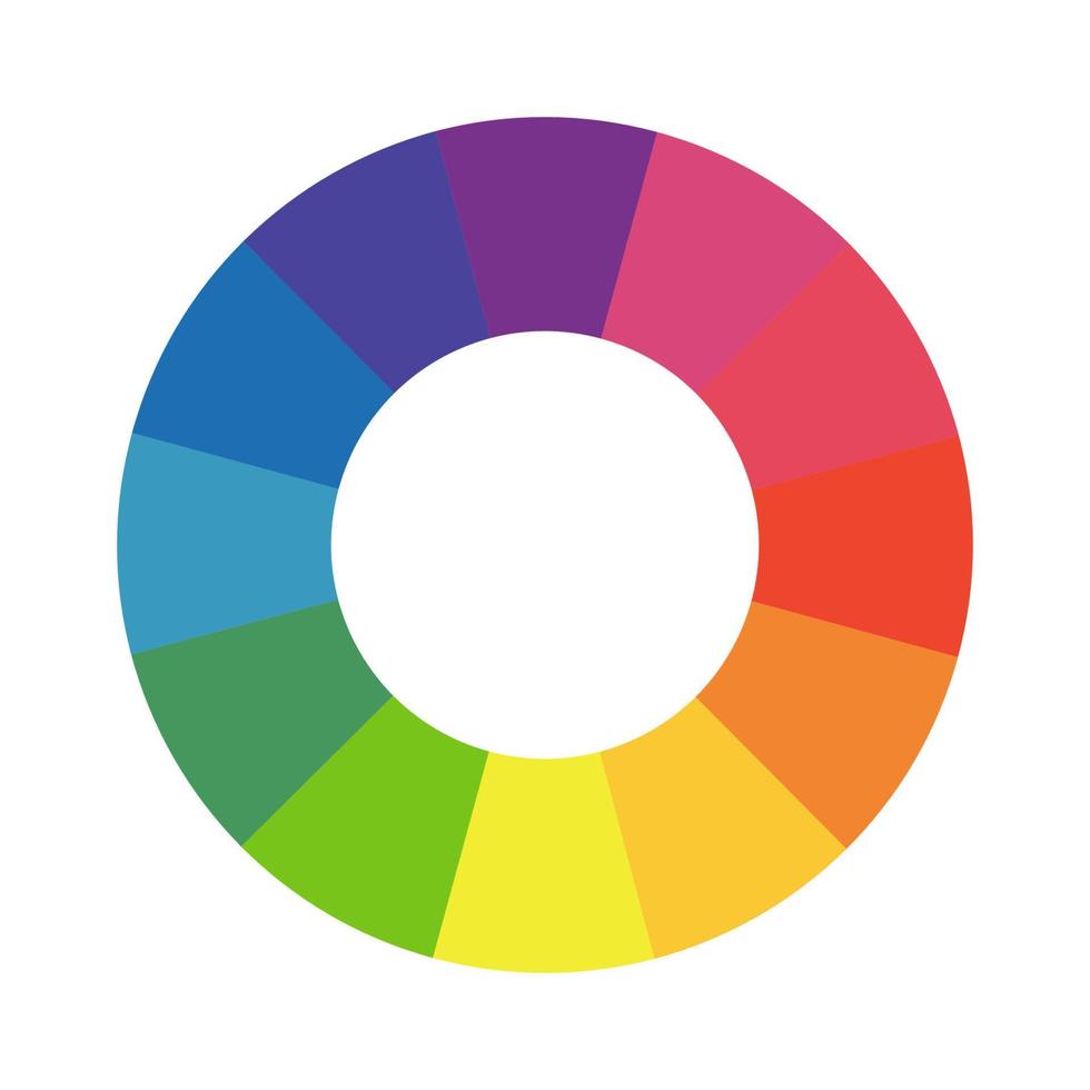 Multicolored wheel. Color circle guide. Pie chart diagram. Infographic element round shape. Color theory. Color wheel palette template for art school. Twelve part color system. vector