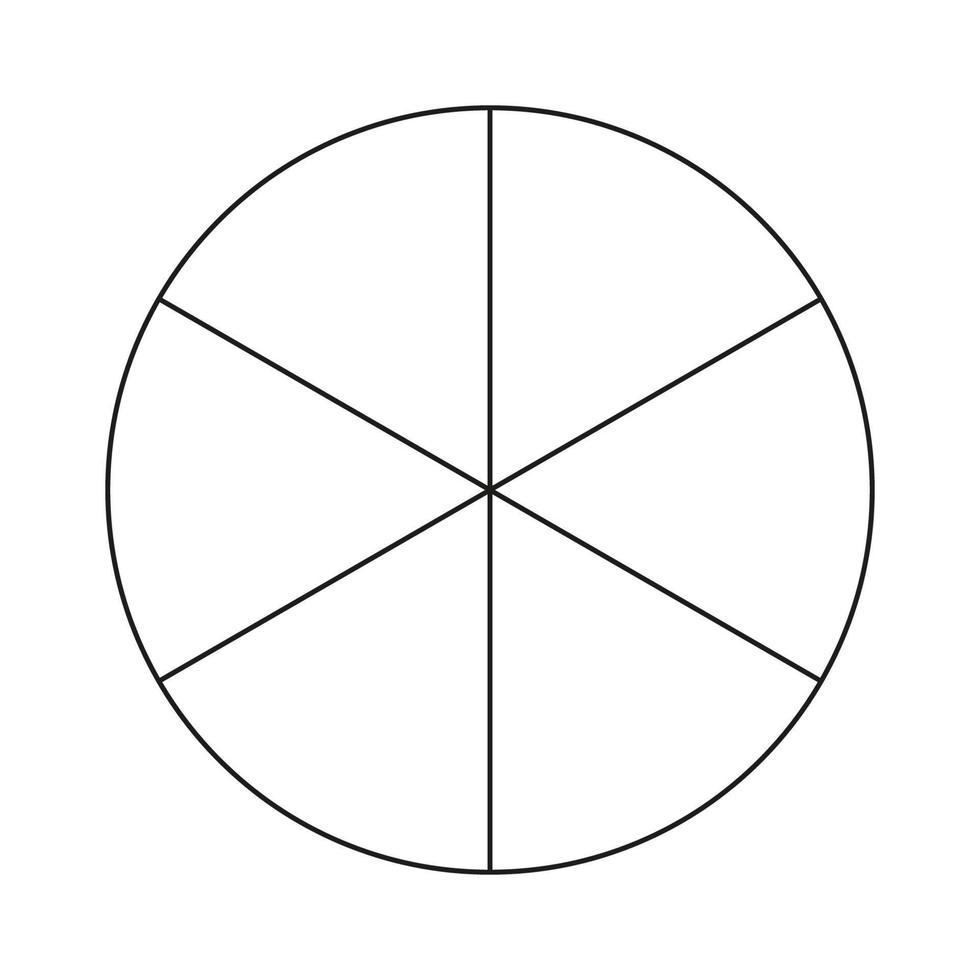 Circle divided in 6 segments. Pizza or pie round shape cut in equal slices. Outline style. Simple chart. vector