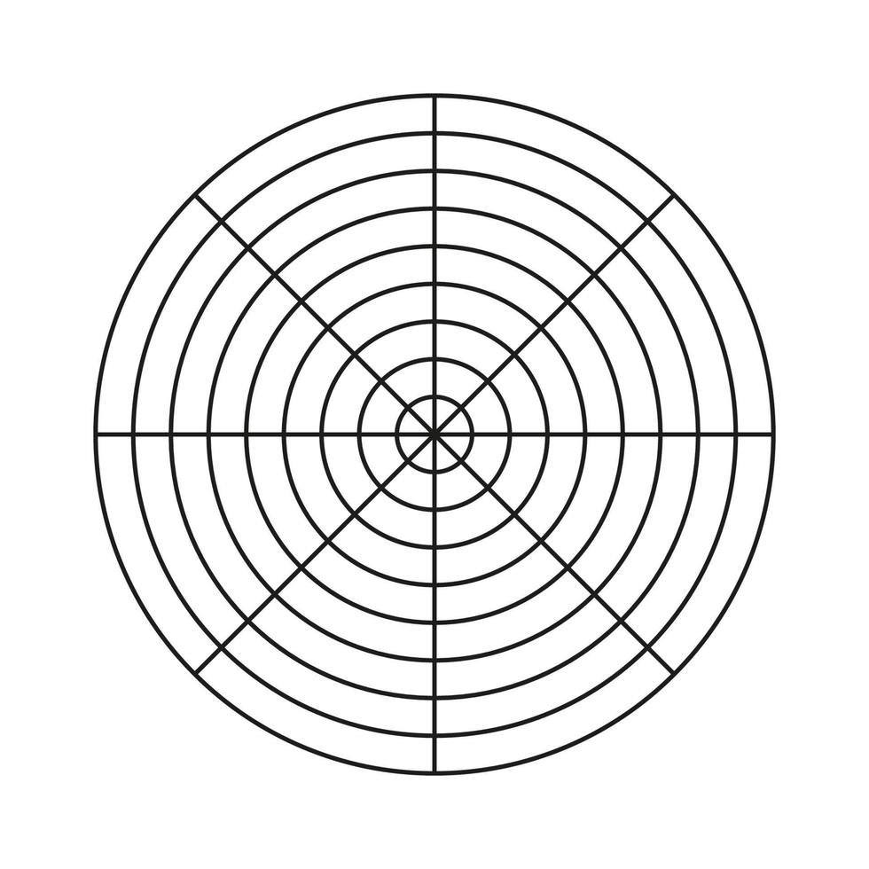 plantilla de la rueda de la vida. herramienta de entrenamiento simple para visualizar todas las áreas de la vida. cuadrícula polar de 8 segmentos y 8 círculos concéntricos. papel cuadriculado polar en blanco. diagrama circular del equilibrio del estilo de vida. vector
